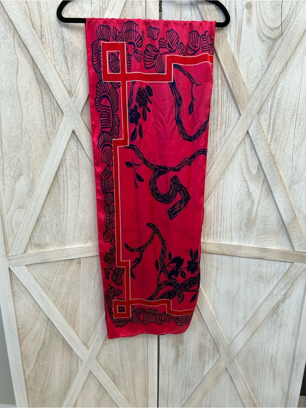 Red Floral Border Silk Like Scarf